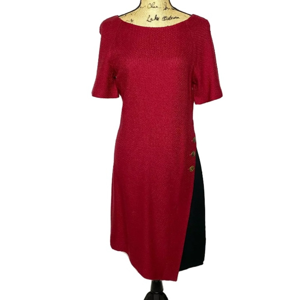 St. John Red Black Wool Blend Knit Short Sleeve Dress